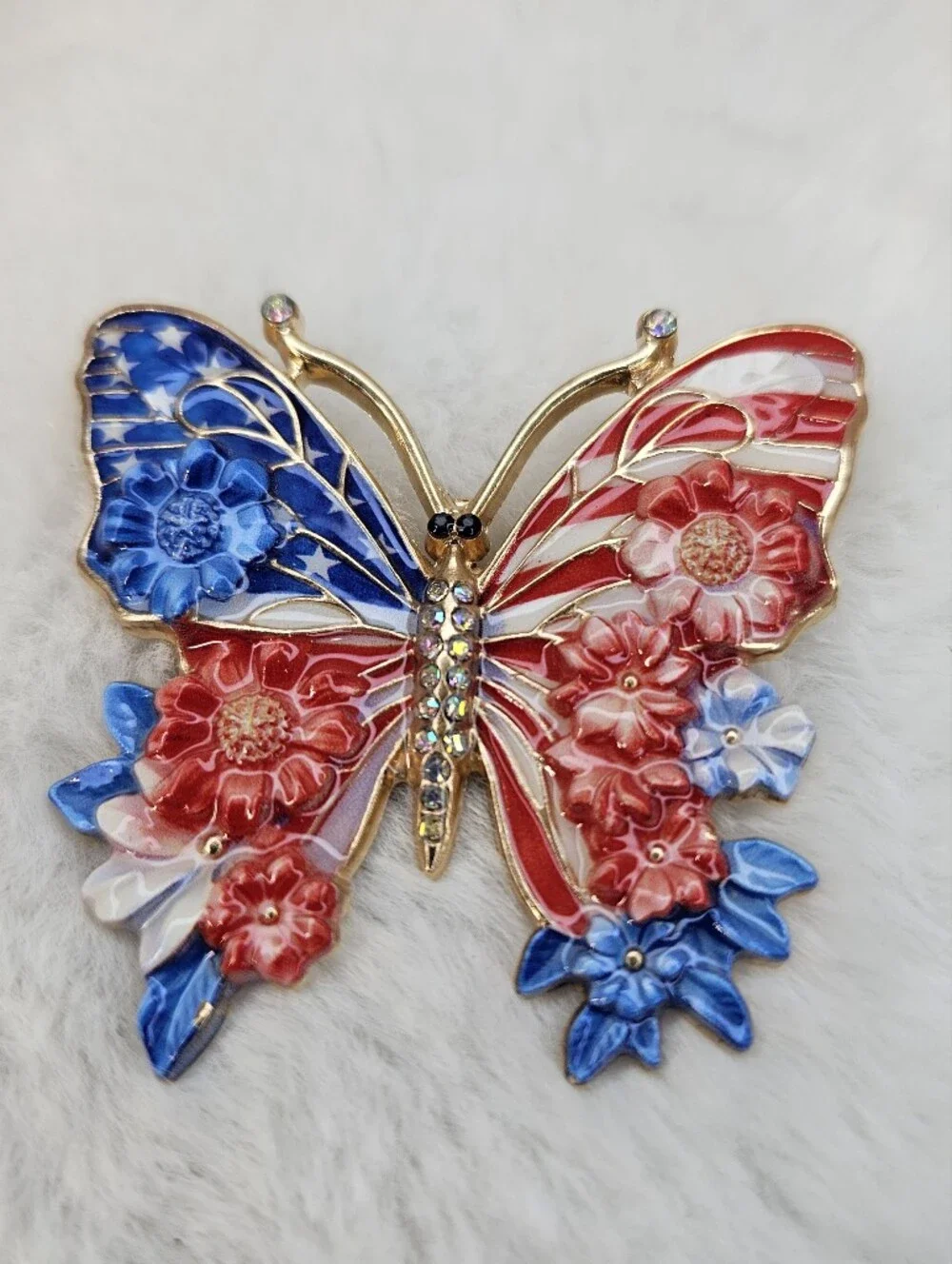 Patriotic Butterfly Brooch with Enamel Flowers